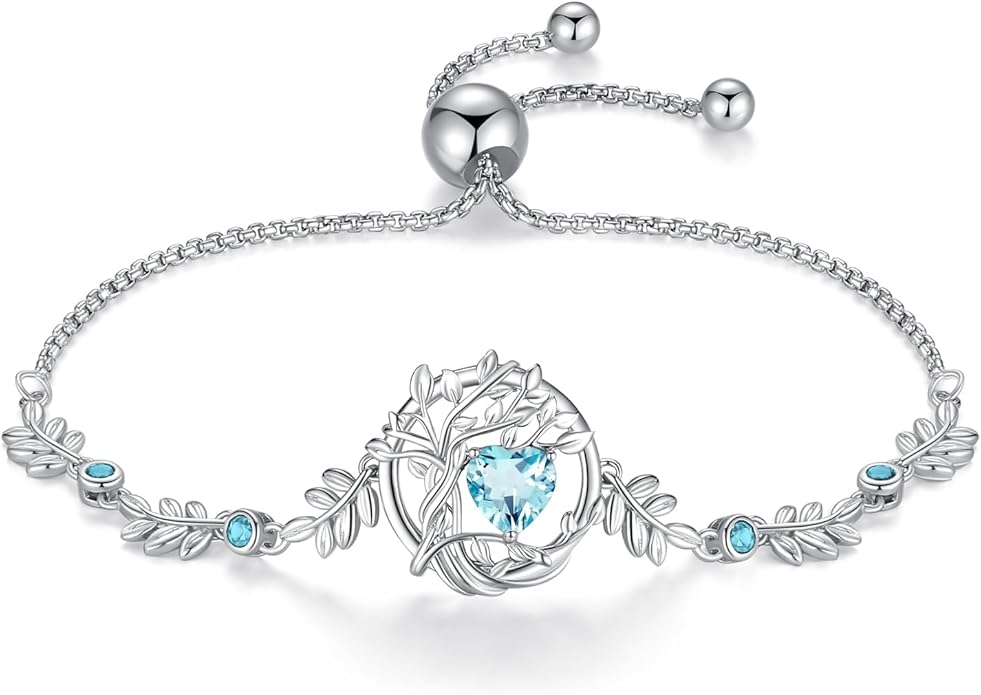 FANCIME Valentines Day Gift Tree of life Birthstone Bracelet for Women Sterling Silver Tree Jewelry Birthstone Charm Bracelet Gemstone Anniversary Birthday Gifts for Wife Mom Her