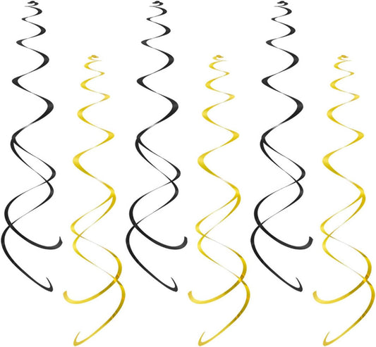 Party Swirl Decorations, Black and Gold Foil Ceiling Hanging Swirl Decoration, Whirls Decorations for Birthday | Wedding | Anniversary | Graduation Party Supplies, Pack of 20