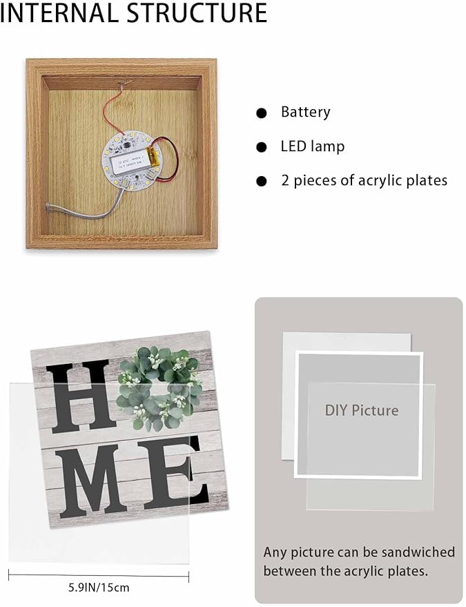 Wood Night Light Box 6.5x6.5in,Home Green Eucalyptus Wreath Table Lights Wooden Picture Frame with USB Rechargeable Touch LED Lights for Home Decor Desktop Display,Farm Vintage Wood Board