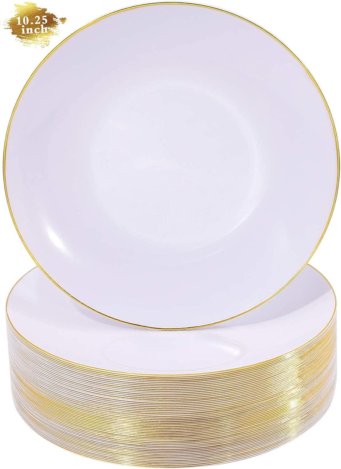 Nervure 100 Pieces Gold Plastic Plates - 10.25 inch Gold Dinner Plates - Heavyweight White and Gold Disposable Plates Ideal for Wedding & Party & Thanksgiving