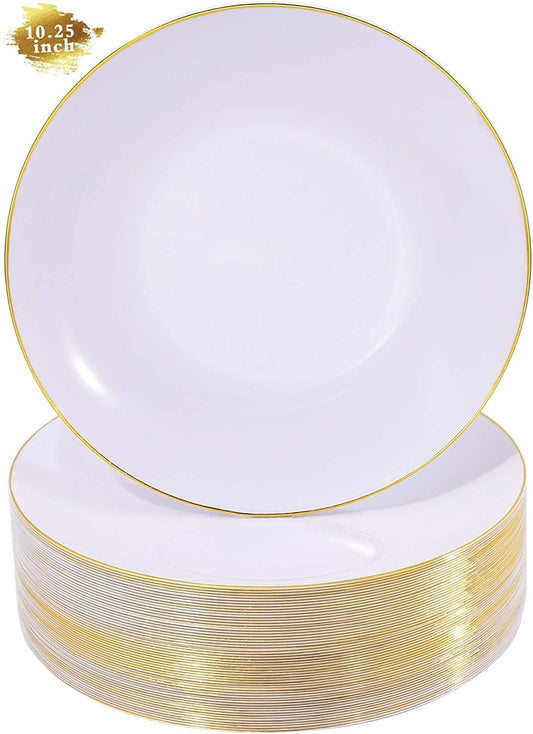Nervure 100 Pieces Gold Plastic Plates - 10.25 inch Gold Dinner Plates - Heavyweight White and Gold Disposable Plates Ideal for Wedding & Party & Thanksgiving
