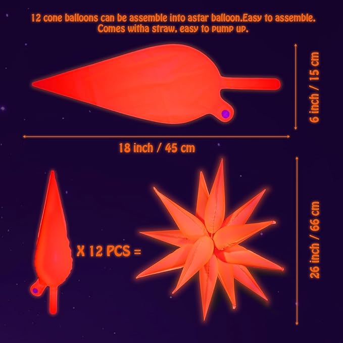 Mega-L Glow in The Dark Party Supplies, 5 Pcs Neon Explosion Star Balloons Kit, Neon Party Decorations, DIY Neon Balloon with 12 point Cone Balloons for Arches Birthday Wedding Carnival