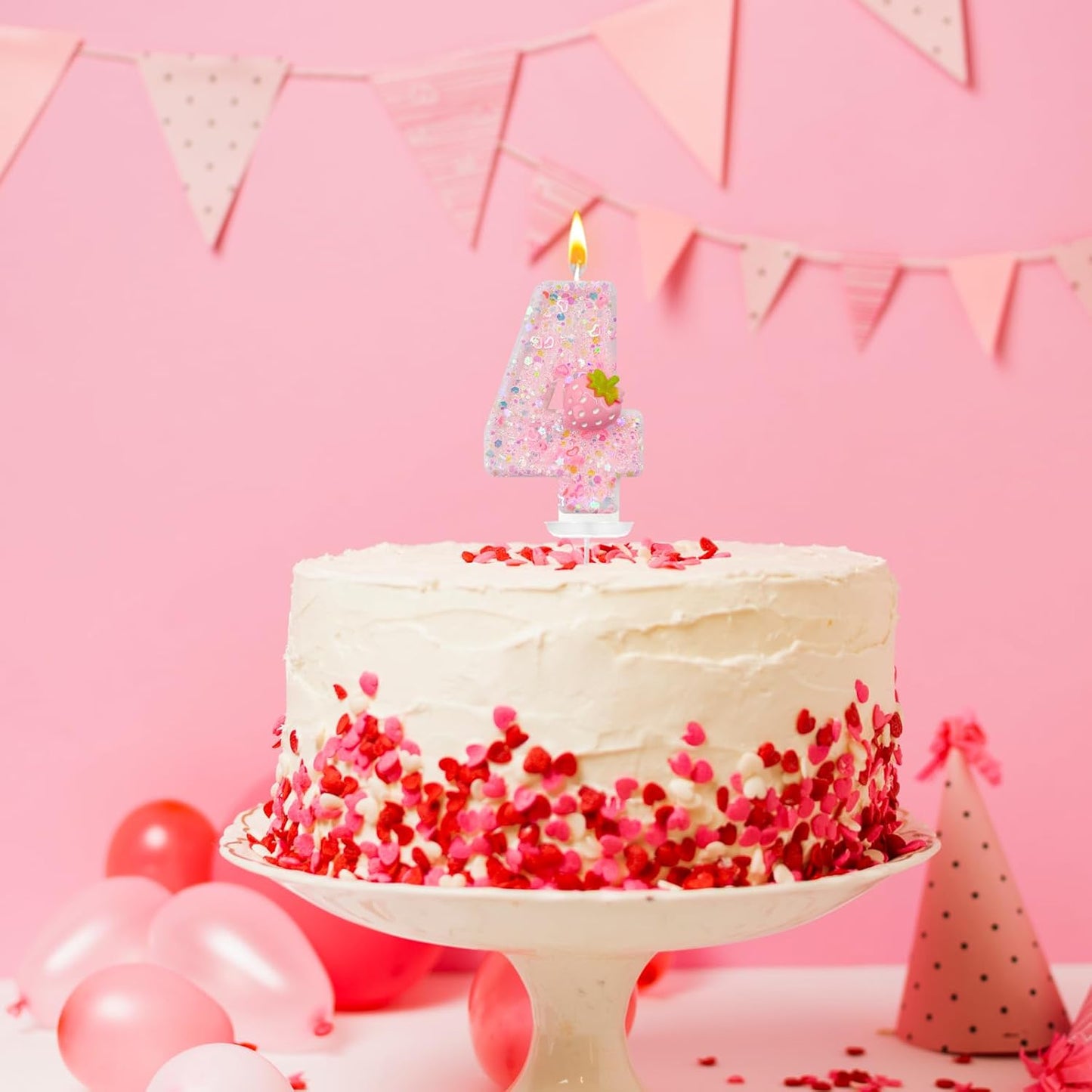 HXOUSE Strawberry Number 4 Birthday Candles - Pink Berry Birthday Candles for Cake, 4 Candle Topper for Anniversary Celebrations Supplies, Strawberry Party Decorations for Girl (No.4)