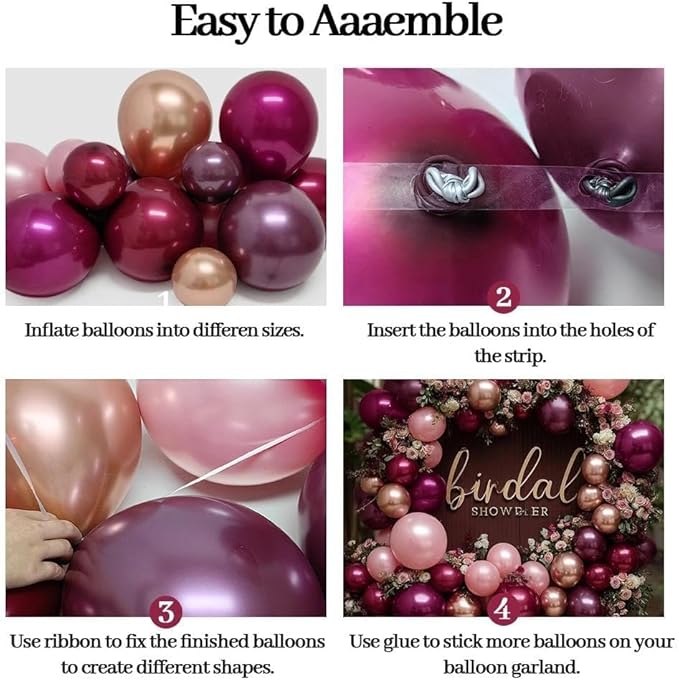 Burgundy Pink Balloon Arch Double Stuffed Dark Ruby Red Pink Plum Gold Balloon Garland Kit Maroon Balloons for Wedding Bridal Shower Birthday Mother's Day Graduation Engagement Anniversary Party Decor