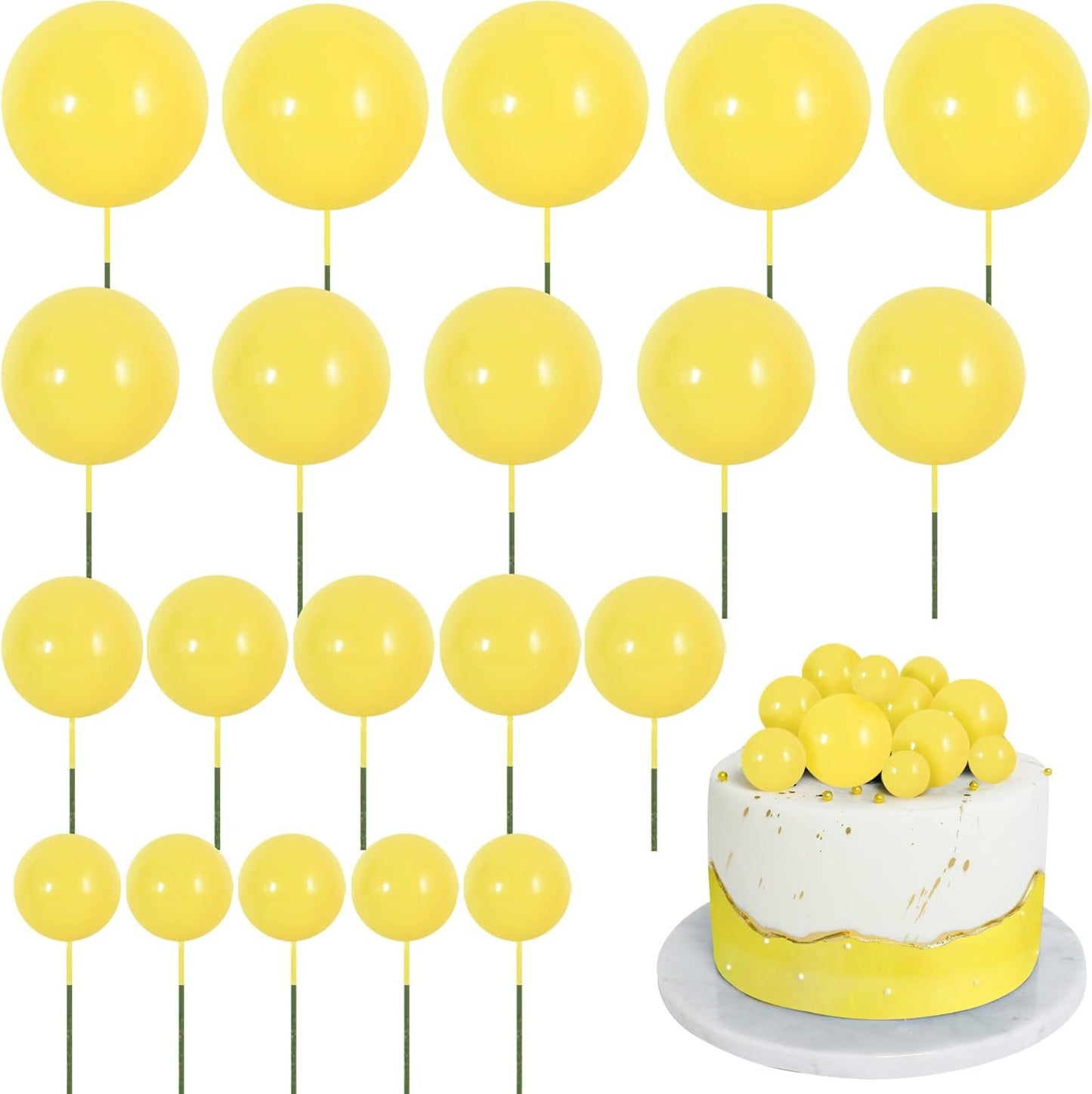 BEISHIDA 20 PCS Yellow Mini Ball Cake Toppers Foam Cake Balls Decoration Supplies for Happy Birthday Anniversary Wedding Baby Shower Fall Autumn Harvest Thanksgiving Cake Decorations
