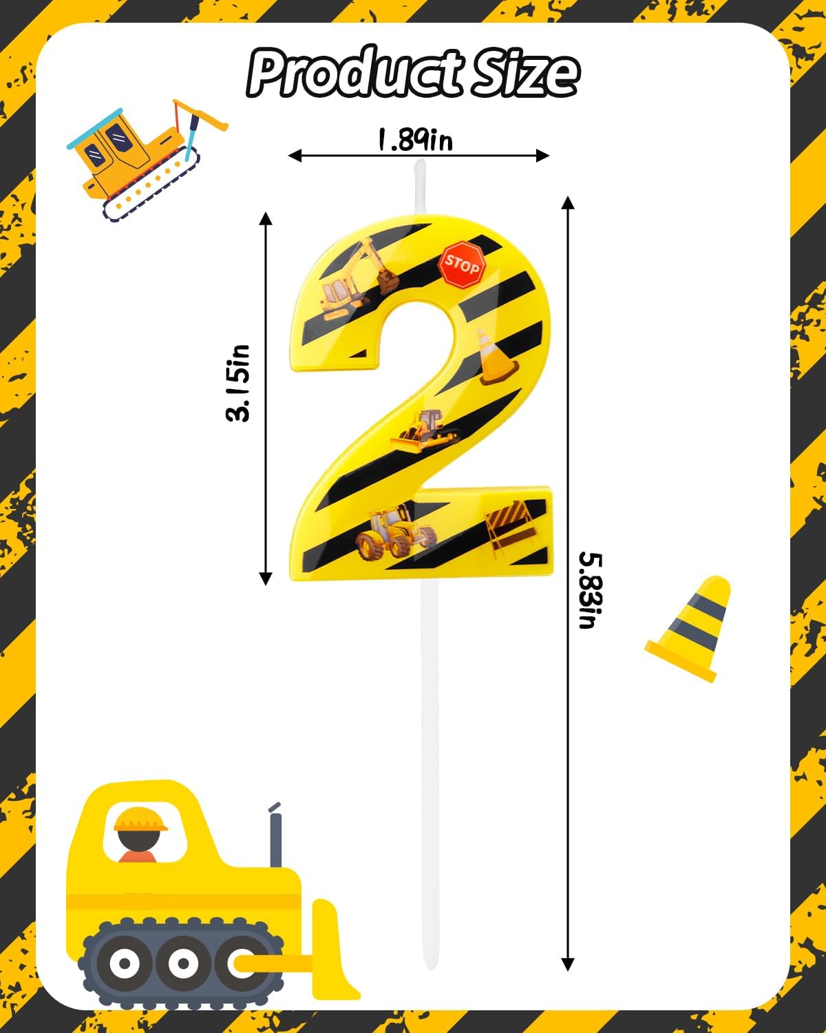 Number 2 Construction Birthday Candle, 2.68 Inch Yellow and Black Striped Candle, Birthday Candles Numbers Construction Cake Topper for Boys Girls, Construction Birthday Party Supplies Decorations