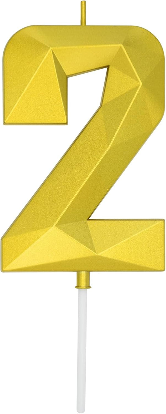 DERVENTA Large Birthday Candle Number 3D Gold 3.7 inch Party Celebration Anniversary Decoration Cake Topper 1 Piece (Number 2 Gold)