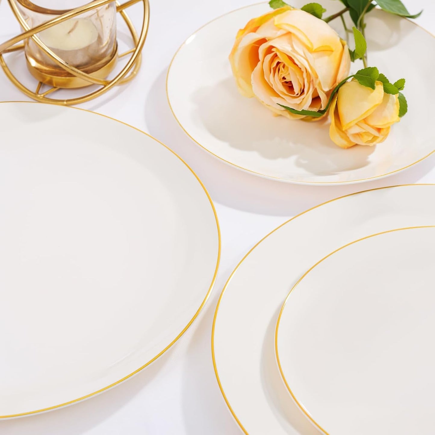 Nervure 100Pcs Ivory and Gold Plastic Plates - 7.5inch Disposable Ivory Dessert/Salad Plates - Heavy Duty Plastic Plate Ideal for Wedding & Party & Thanksgiving