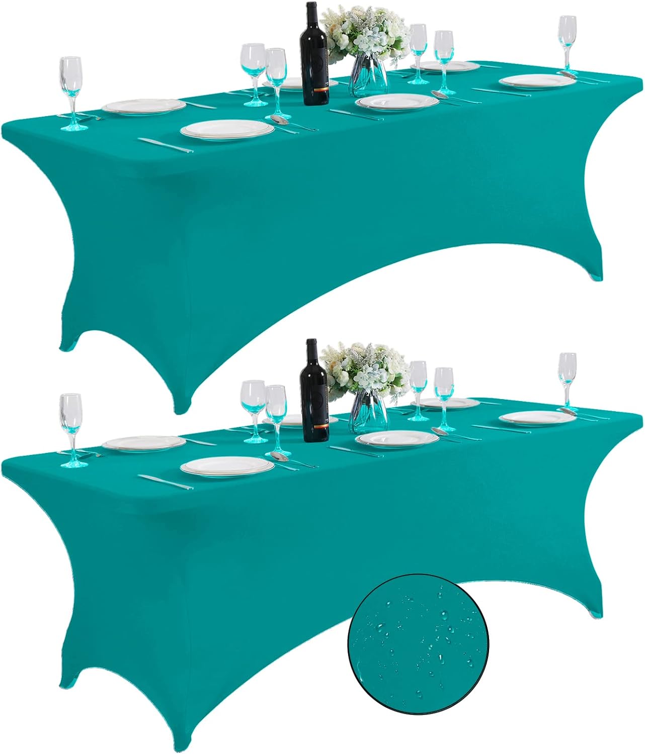 SuperO 2Pack Waterproof Spandex Table Cover for 8FT Table Universal Fitted Stretch Tablecloth for Party, Banquet, Wedding and Events-Turquoise