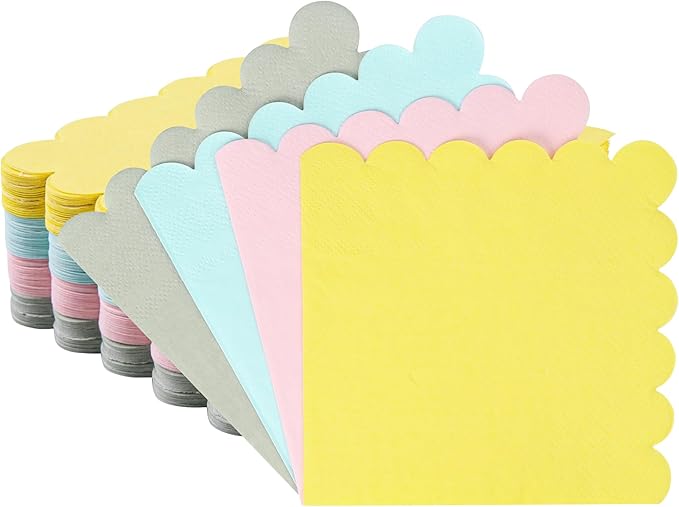 100 Pcs Cocktail Napkins Colorful Napkins with Scalloped Edges 5 x 5 Inch Dinner Napkins Disposable Thick Paper for Wedding Dinner Birthday Party - Assorted Colors Pink Green Yellow Blue