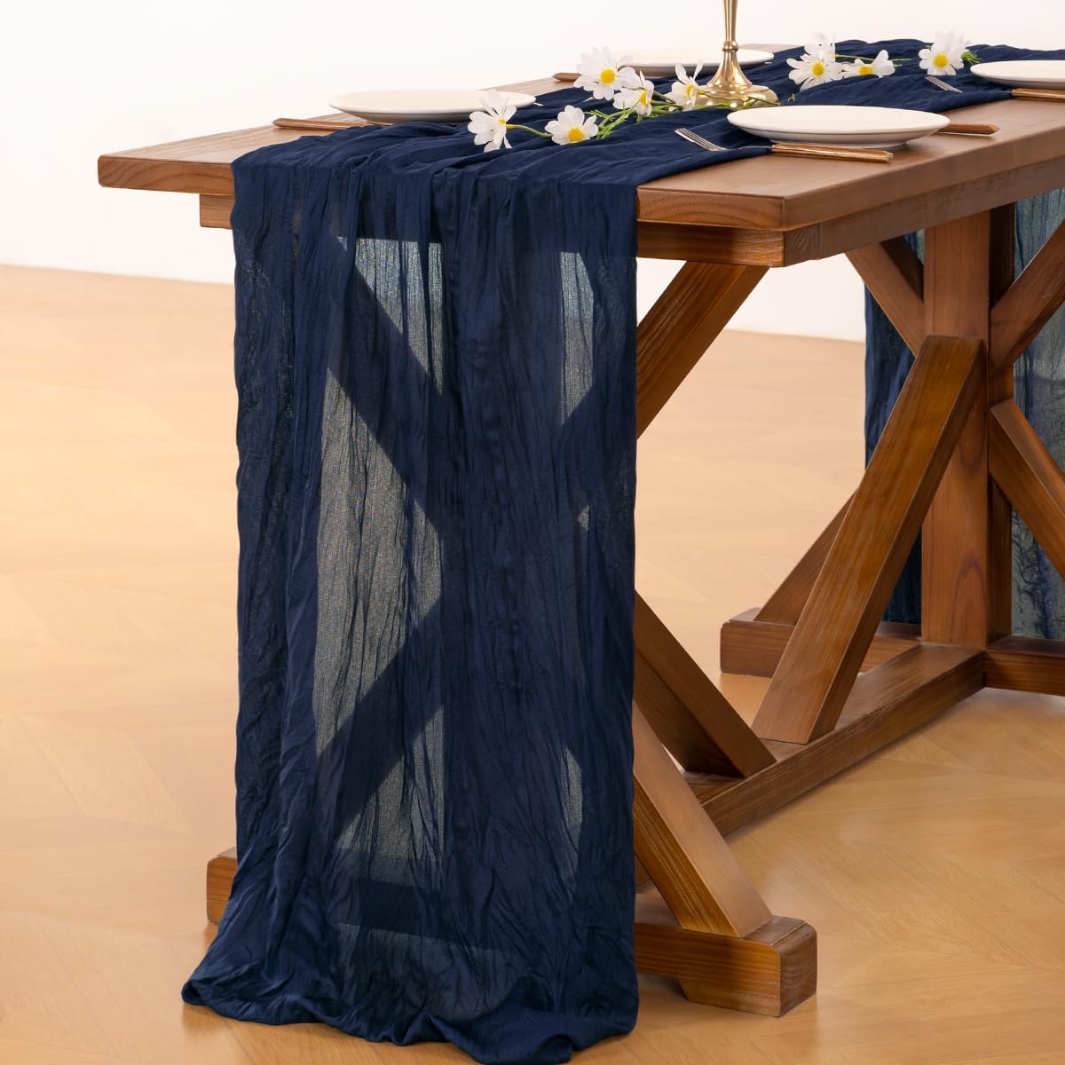 Socomi 3pcs Navy Blue Fall Thanksgiving Cheesecloth Table Runner Boho Rustic Gauze 120 inch 10FT Cheese Cloth Runner for Wedding Party Baby Shower Birthday Home Decor Holiday Decorations