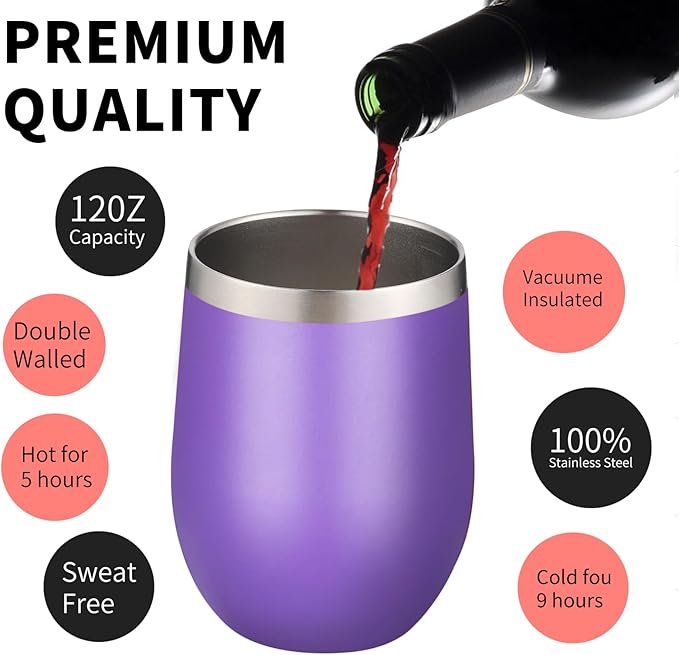 12oz/6 Pack Wine Tumbler Glasses with Lid Stemless Double Wall Vacuum Stainless Steel Travel Tumbler Keeping Cold & Hot for Wine,Coffee,Cocktails,Christmas Drinks-Family and Gifts (Multi color-bright)
