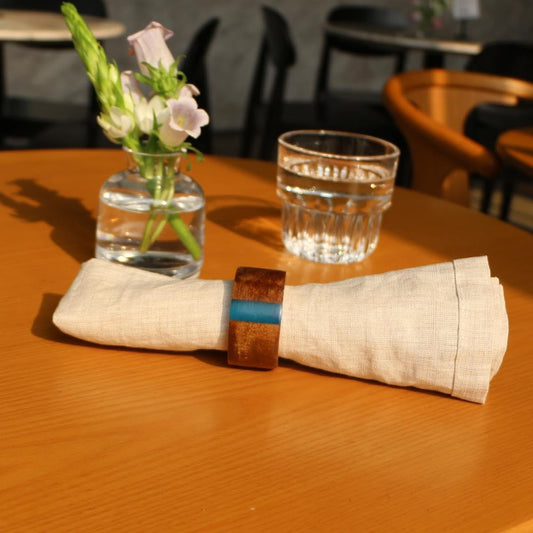 Wooden Napkin Rings Set of 8 for Dinning Table Decor - Acacia Wood Resin Napkin Holder Blue Napkin Ring for Home and Kitchen Décor (Round Shape)