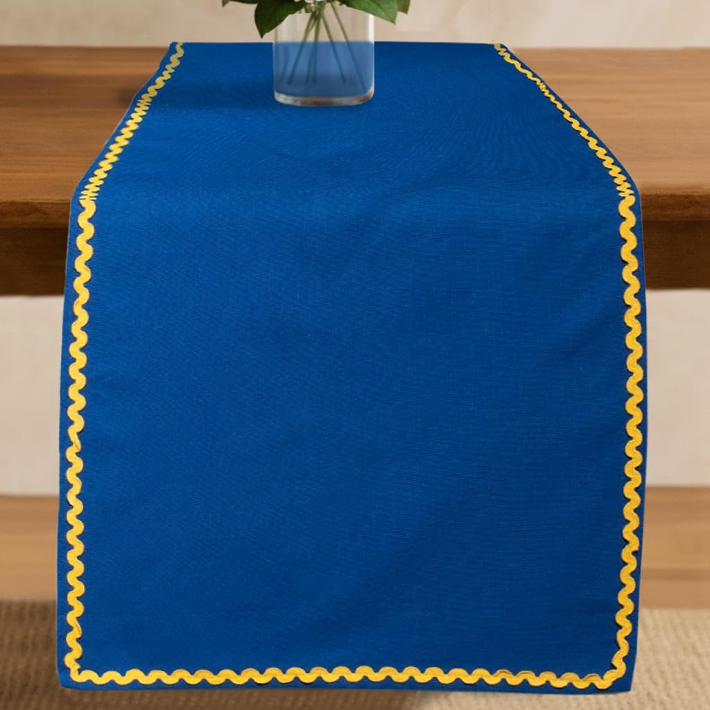Folkulture Table Runner 90 Inches Long | Rick Rack Embroidered Table Runner | Home Decor | 100% Cotton Long for Christmas Decor | Blue & Yellow | Wash Friendly