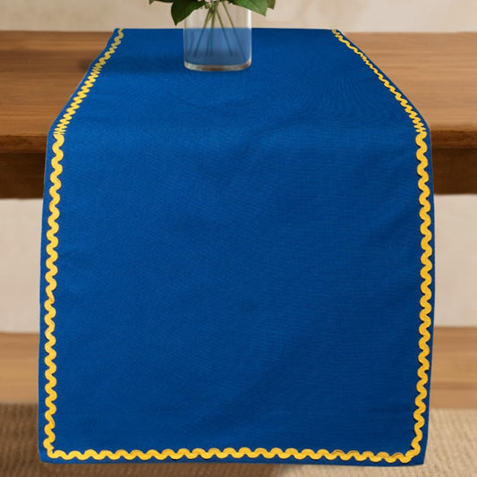 Folkulture Table Runner 72 Inches Long | Rick Rack Embroidered Table Runner for Home Decor | 100% Cotton Long Runner - Christmas Decor | Blue & Yellow | Wash Friendly