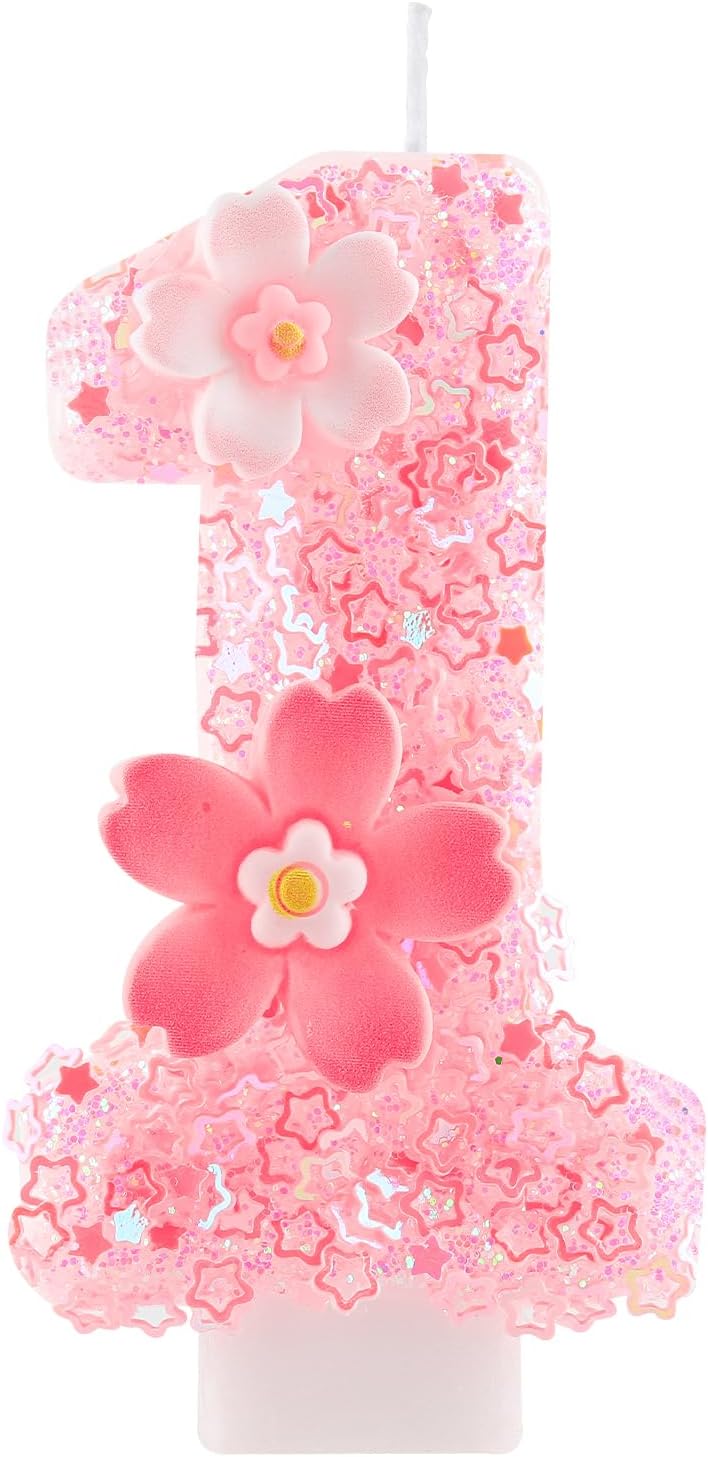 Cherry Blossom Pink Number 1 Birthday Candle, 2.8in Cute Shiny 1st Happy Birthday Candle with Tray & Stick Girls One Candle for First Birthday Ideal Birthday Parties Cake Decoration & Gifts
