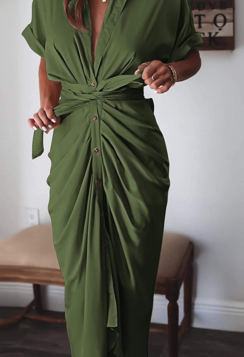 Women Elegant Satin Button Down Short Sleeve Maxi Shirt Dress with Belt