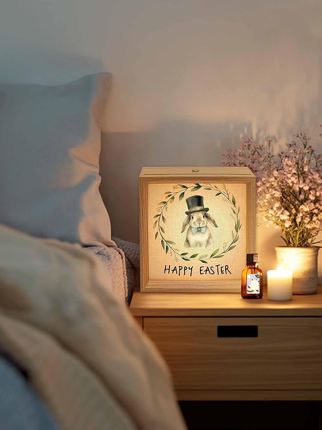 Happy Easter Bunny Garland Wooden LED Night Light USB Rechargeable Dimmable Touch Table Light for Home Decor Eucalyptus Leaf Retro Linen Wood Picture Frame Box,6.5X6.5IN