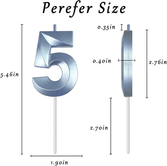 Blue Number 5 Candles, 3D Diamond 2.76 Inch Cake Topper Birthday Candles for Wedding Anniversary Cake Decorations, Happy Birthday Party Decorations