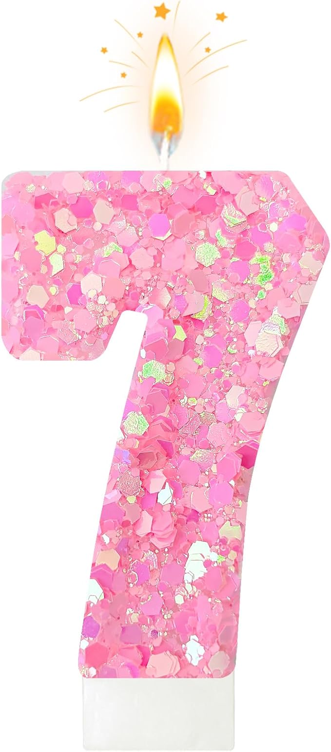 Zailo Birthday Number Candles, Glitter Number Candle Cake Decorations with Sequins, Cupcake Decorations for Girls, Women, Party Anniversary Celebrations (Number 7, Light Pink)