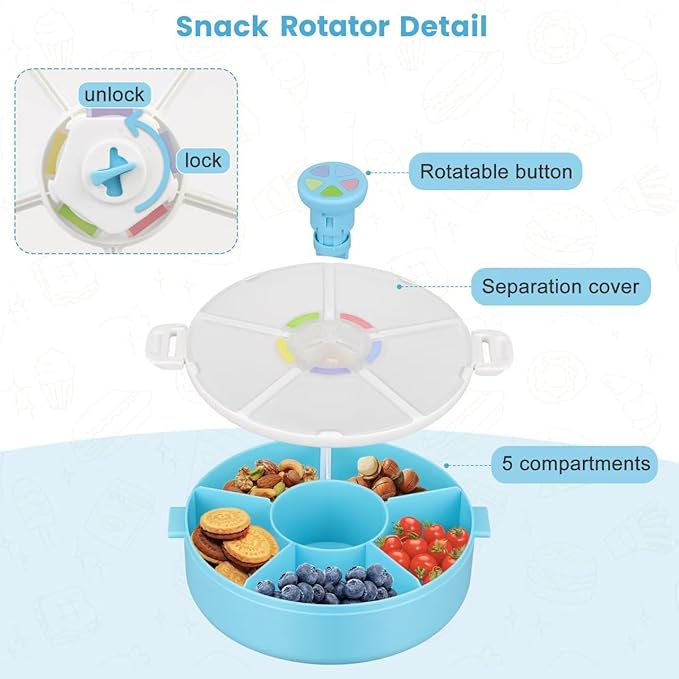 Snack Rotator Container Reusable Snack Box with 5 Compartment Dispenser and Lid, Color Matching Opening Lid, BPA and PVC Free, for Home, School, Travel (1 Pack- Blue)