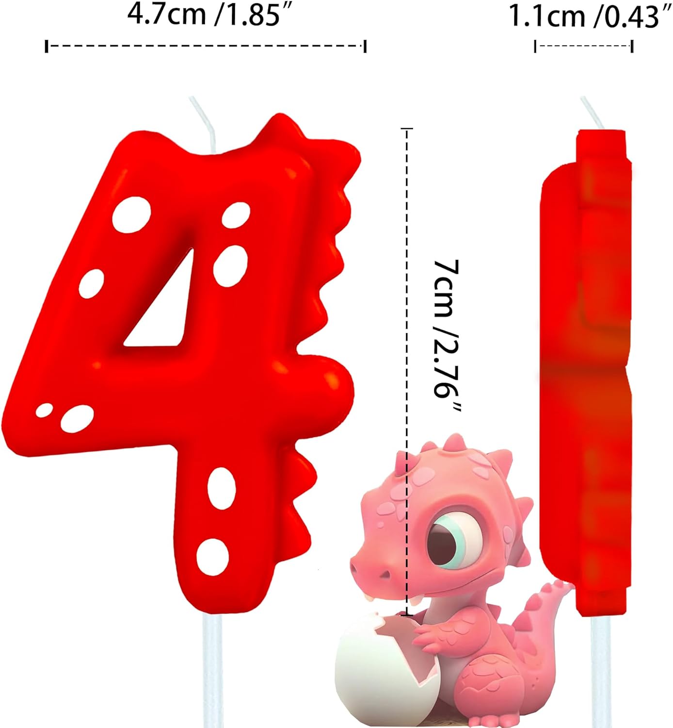Number Birthday Candles(4 Candle Red) Dinosaur Shape Number Happy Birthday Cake Candles for Dinosaur Birthday Party Decoration Reunions Theme Party