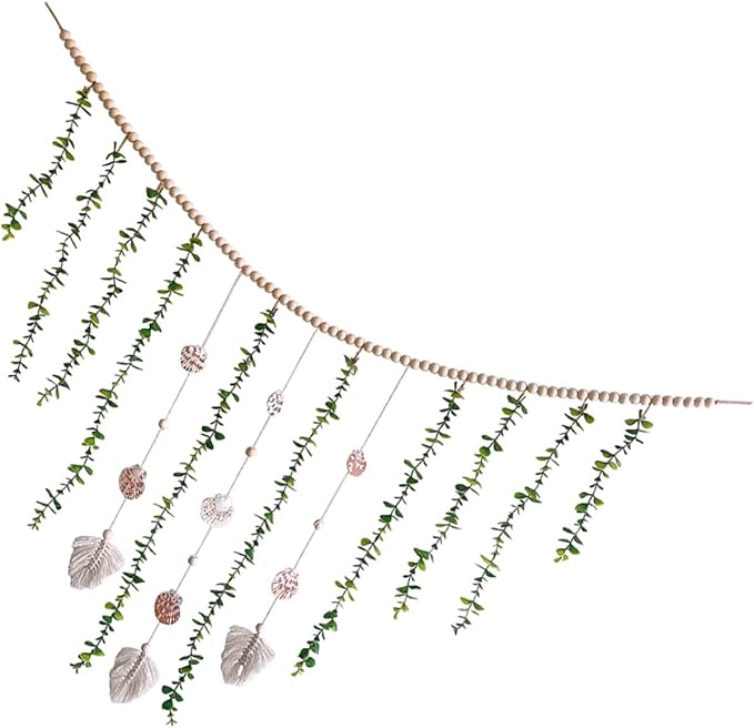 Nordic Style Wooden Bead Garland with Simulated Eucalyptus Leaves and Shells Lightweight Hanging Wall Decor for Bedroom Window Shelf Festive Photo Prop and Home Decoration