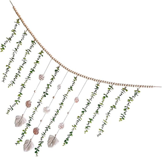 Nordic Style Wooden Bead Garland with Simulated Eucalyptus Leaves and Shells Lightweight Hanging Wall Decor for Bedroom Window Shelf Festive Photo Prop and Home Decoration