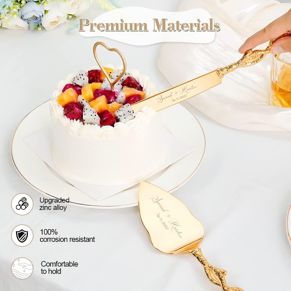 Cake Cutting Set for Wedding, Personalized Gold Cake Knife and Server Set, Custom Cake Serving Set, Engraved Pastry Pie Server Cake Pizza Cutter, Birthday Bridal Gift (CUS-Rose)