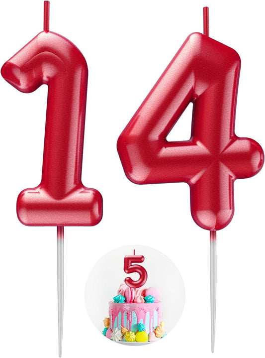 Red Number 14 Candle Happy Birthday 3D Number Candles for Birthday Cake Party Decoration Wedding Anniversary Celebration Supplies