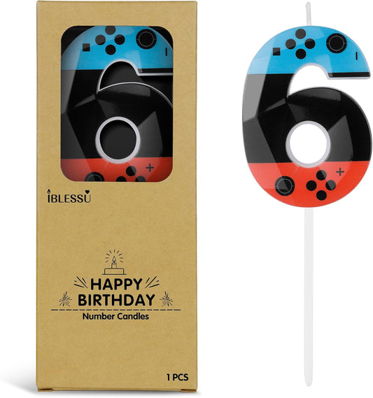 Number 6 Level Birthday Candles, 2.68 inch Gamer Candles, Red Blue Birthday Candles, Game Controller Gamepad Candles,Video Game Controller Themed Kids Boy Bday Party Supplies