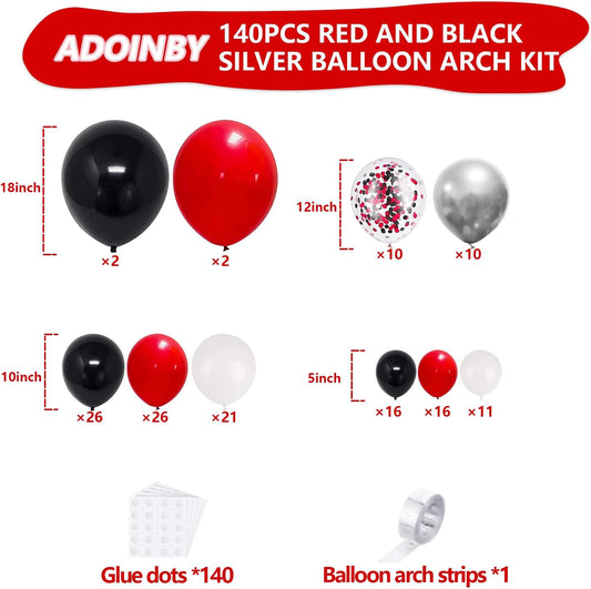 Red Black and White Balloon Arch Kit, ADOINBY 140Pcs Red and Black White Silver Garland kit, 18 12 10 5 Inch Different Size Balloons for Birthday Party Anniversary Racing Car New Year Prom Decorations