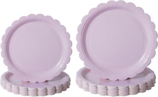 BEFORYOU 50PCS Scalloped Disposable Paper Plates Dessert Cake Party Plates for Baby Shower, Wedding,Bridal Shower Birthday Party Supplies (Purple, 7IN and 9IN)
