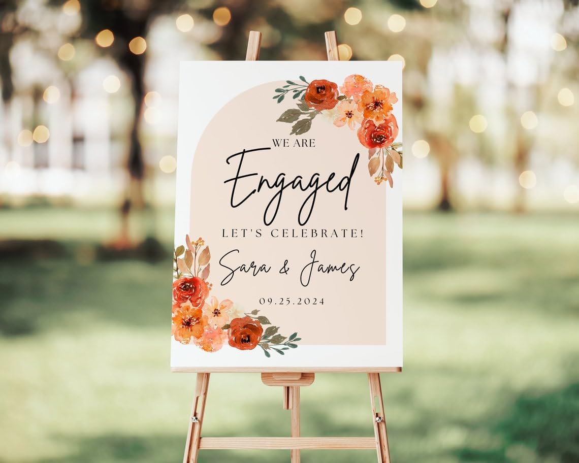 Engagement Party Sign, Terracotta Engagement Welcome Sign Template, Modern Boho Floral Burnt Orange We're Engaged Sign