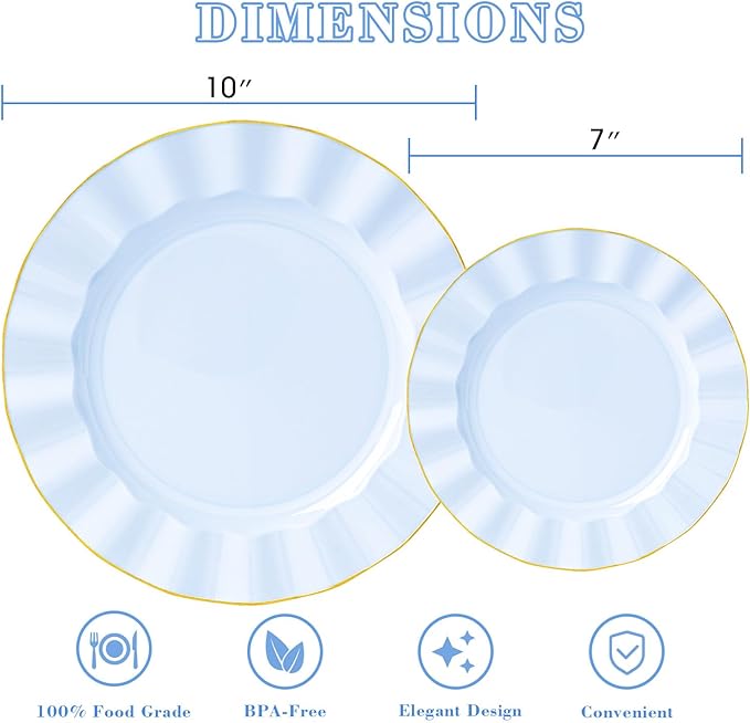 HIGH END 100 Pcs Blue Wave Plastic Plates with Gold Trim, Fancy Disposable Plate Sets Include 50 Dinner & 50 Dessert Plastic Plates, Elegant Disposable Plate Set For Party, Thanksgiving (50 Guests)