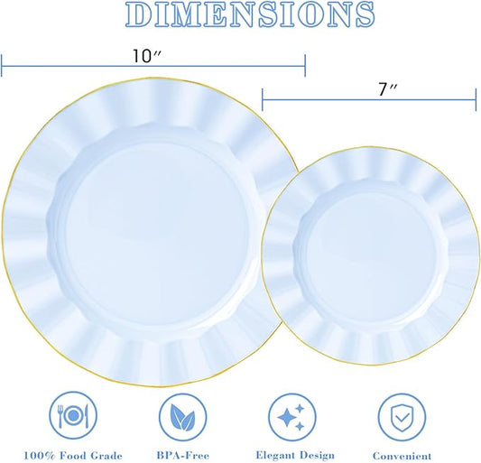 HIGH END 100 Pcs Blue Wave Plastic Plates with Gold Trim, Fancy Disposable Plate Sets Include 50 Dinner & 50 Dessert Plastic Plates, Elegant Disposable Plate Set For Party, Thanksgiving (50 Guests)