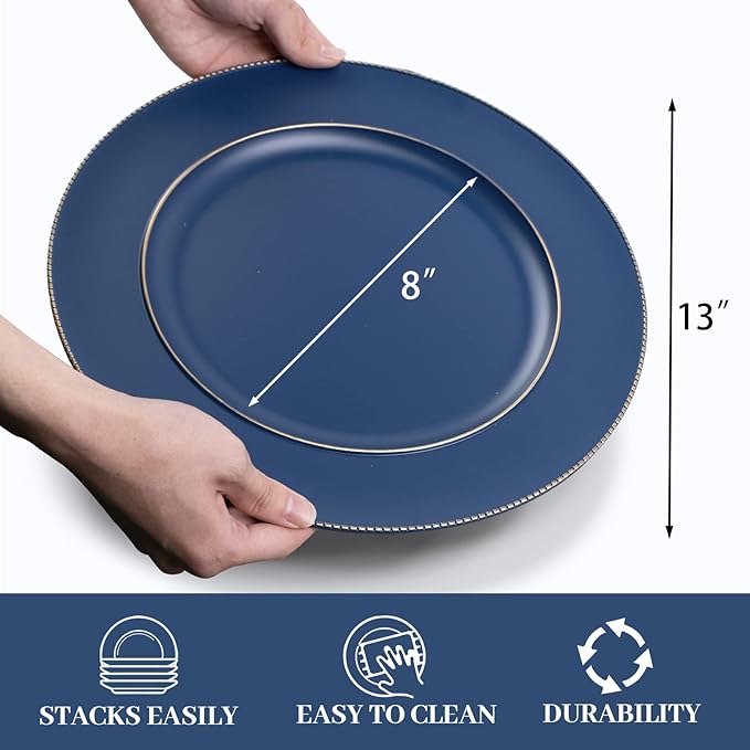 MAONAME Blue Charger Plates, 13" Plastic Round Charger for Dinner Plates, Plate Chargers Set of 6, Beaded Table Chargers for Wedding, Table Setting