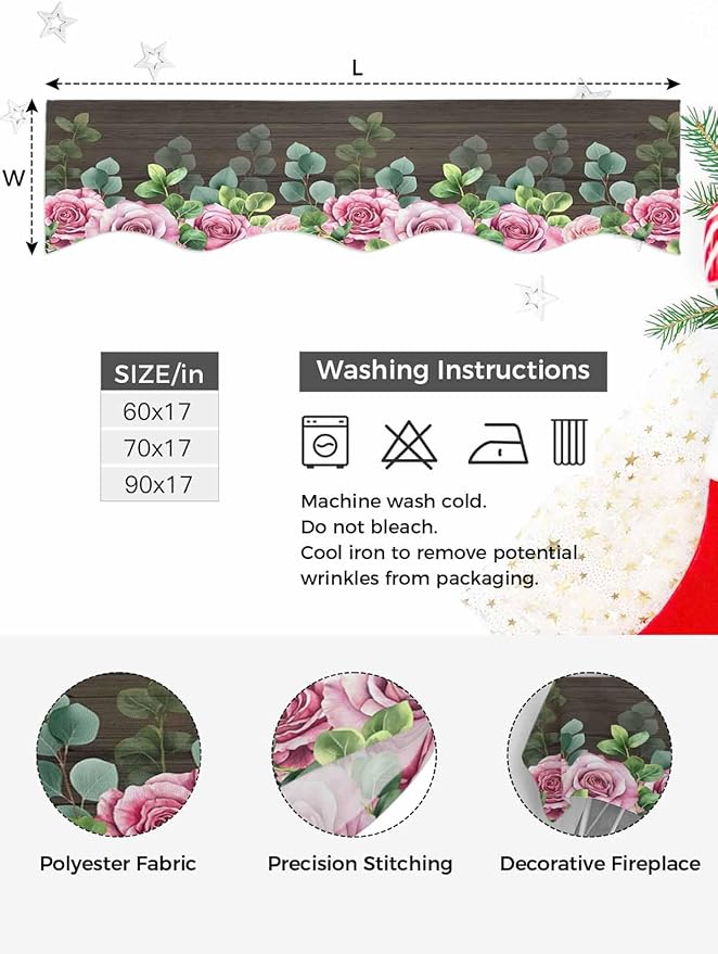 Spring Pink Roses Fireplace Mantel Scarf Table Runner, Pastoral Eucalyptus Leaves Brown Wooden Winter Garland Mantel Top Tablerunners Dresser Scarves Cover for Windows Party Living Room 70''x17''