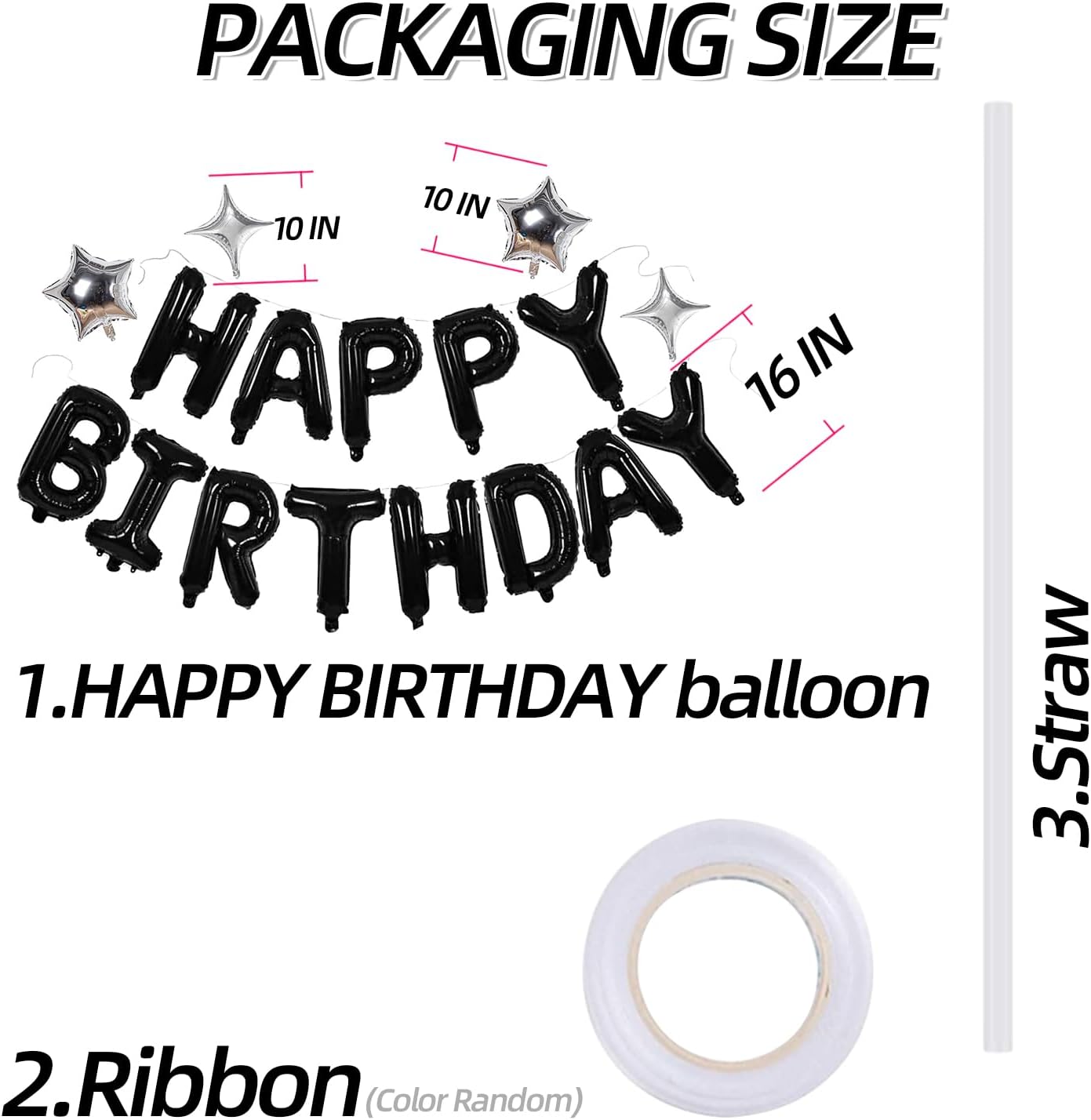 Black Happy Birthday Banner Balloon Aluminum Foil 16 Inch Letter,10 Inch Five Pointed Star Four Pointed Star Suitable for Kids, Men, Women, Boys and Girls Party Decoration Supplies