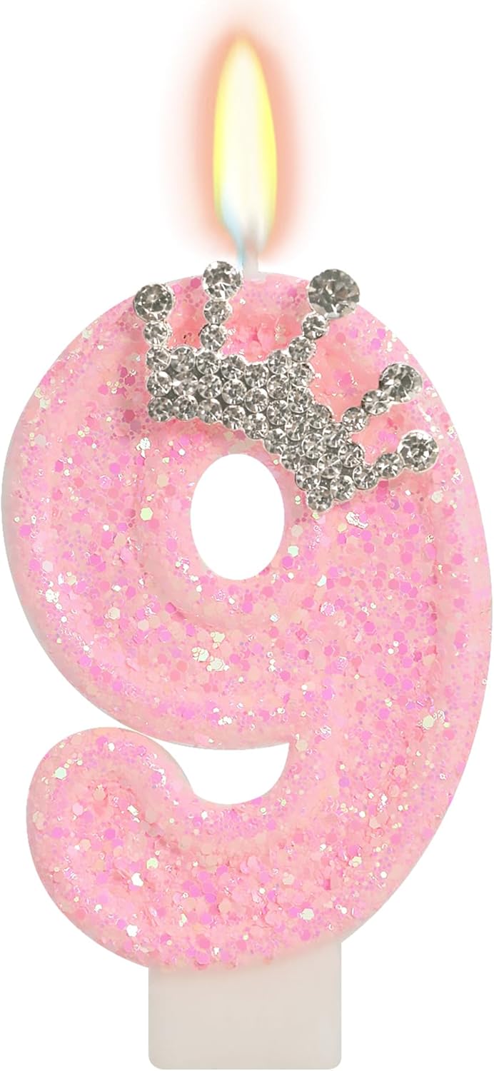 Birthday Candle for Cake, Crown Pink Number Candles, 2.76 inch Cake Topper Decoration for Princess Birthday Party (Number 9)