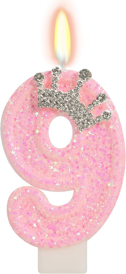 Birthday Candle for Cake, Crown Pink Number Candles, 2.76 inch Cake Topper Decoration for Princess Birthday Party (Number 9)