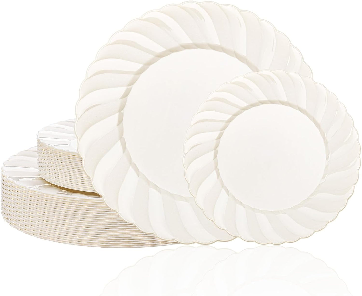 U-QE 60 Pcs Thanksgiving Plates Disposable – Ivory Scalloped Plastic Plates Heavy Duty & Elegant – Include 30 10.25" Dinner & 30 7.25" Dessert Plate for Party, Friendsgiving & Fall