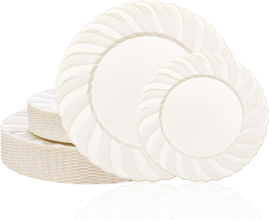 U-QE 60 Pcs Thanksgiving Plates Disposable – Ivory Scalloped Plastic Plates Heavy Duty & Elegant – Include 30 10.25" Dinner & 30 7.25" Dessert Plate for Party, Friendsgiving & Fall