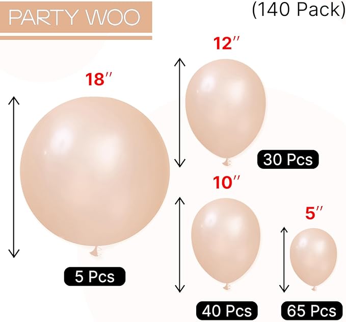 PartyWoo Pearl Peach Balloons 140pcs Different Sizes of 18 12 10 5 Inch Pastel Light Pale Orange Latex Helium Balloon Arch Kit Garland for Bridal Baby Shower Birthday Party Decorations Orange-Z27