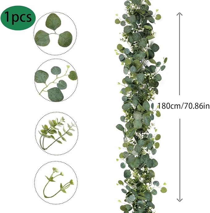 4Pcs Eucalyptus Garland, 5.9FT Greenery Garland, Green Garland with Flowers, Artificial Faux Silver Dollar Eucalyptus Leaves Vines for Table Home Wedding Mantle Party Indoor Outdoor Decor