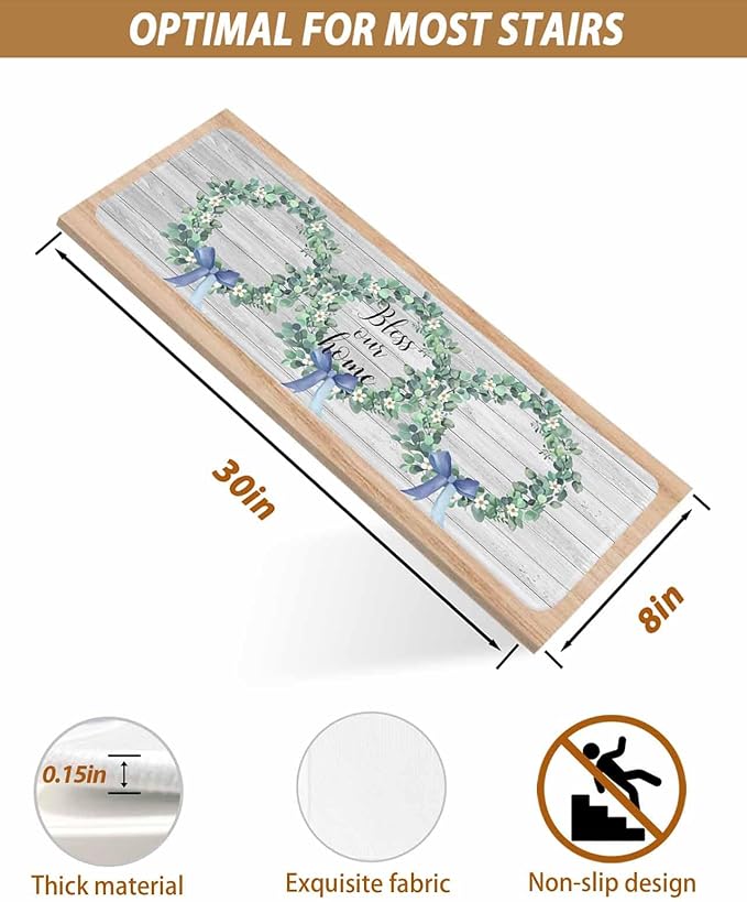 Spring Stair Treads Non Slip for Wooden Steps Eucalyptus Leaves Garland Bless Our Home Wood Grain Stair Runner Carpet Reusable Adhesive Staircase Rugs for Dogs, Elders and Pets, 8x30 Inch, 4PCS