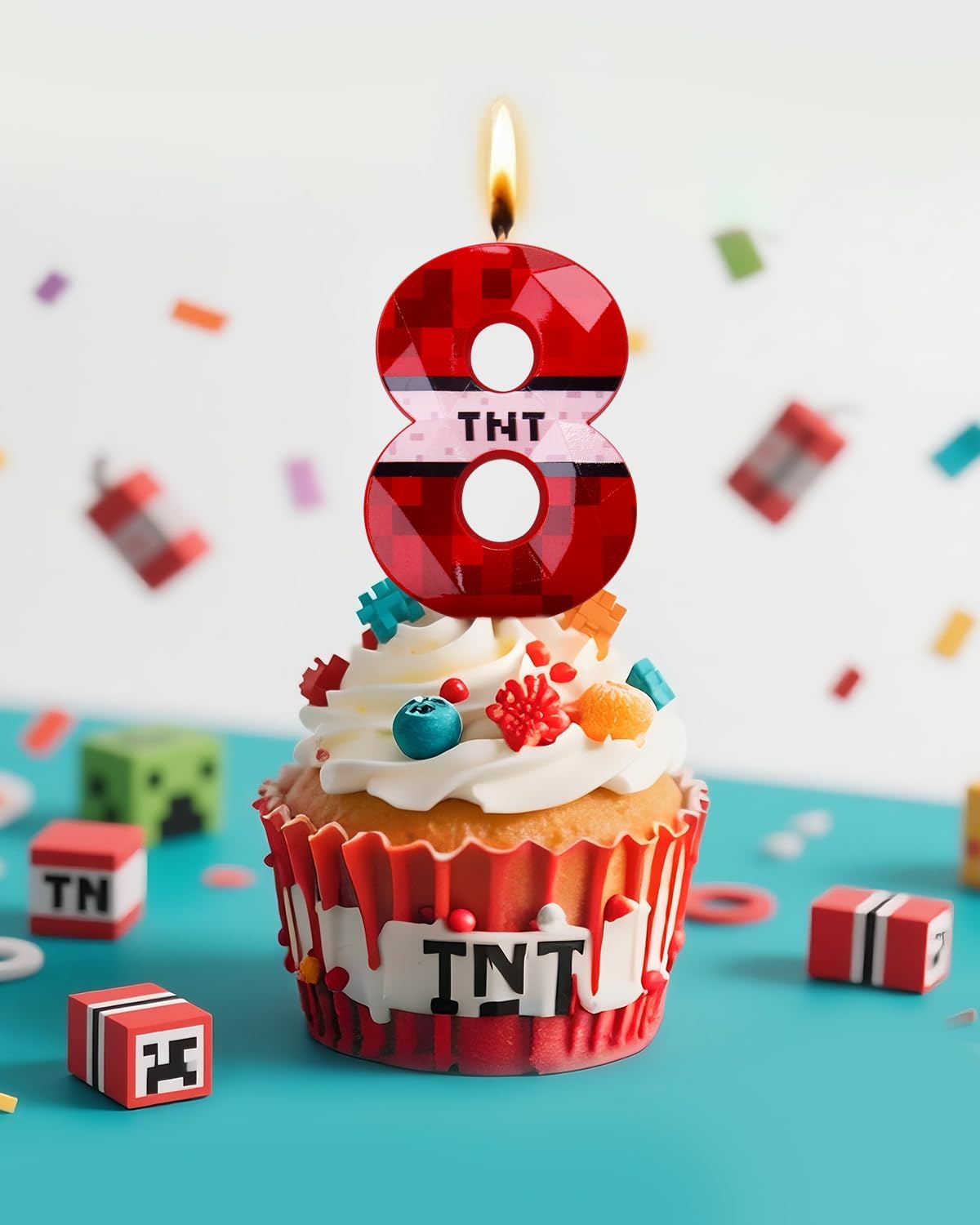 Pixel Birthday Candle, 2.68 Inch Miner Number Candles, Game Themed Candle Birthday Decoration for Pixel Theme Birthday Anniversary Dynamite Video Game Party (Red, 8)