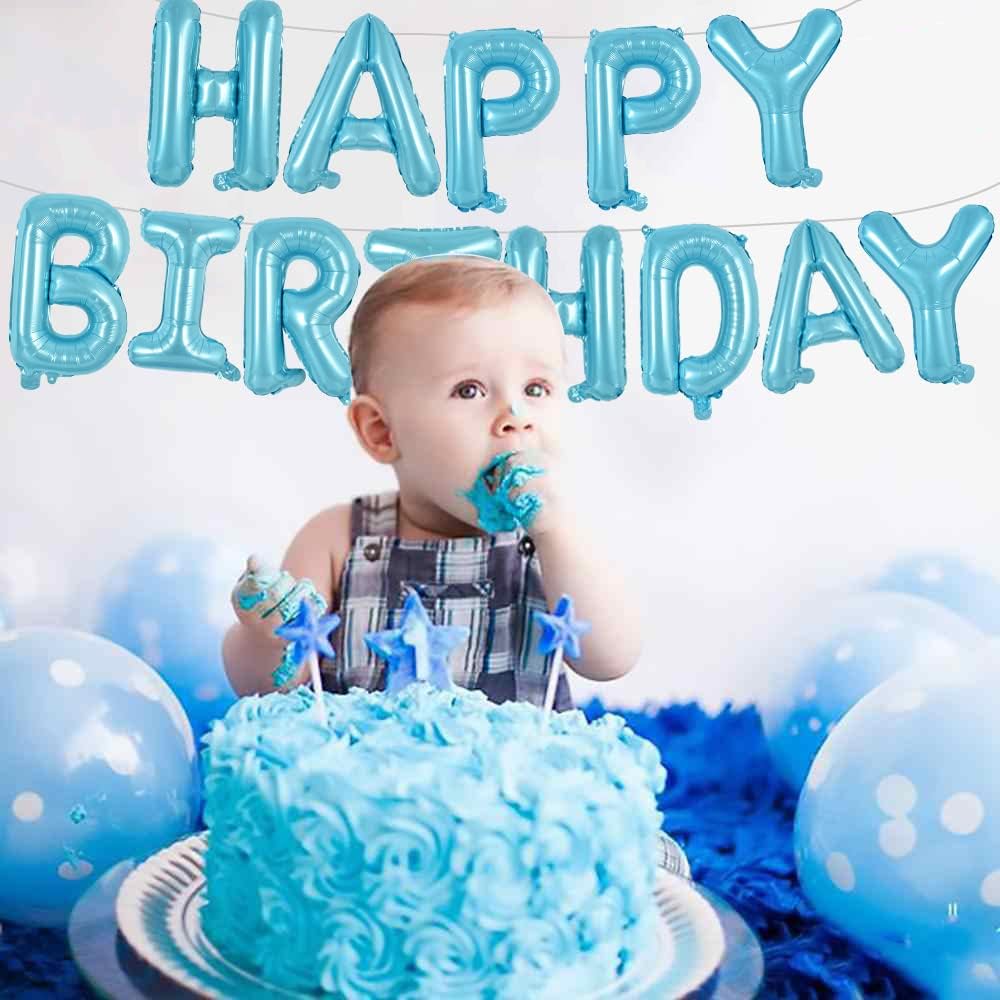 TONIFUL Light Blue Happy Birthday Balloons Banner, 16 Inch Mylar Foil Letters Sign Bunting Reusable for Girls Boys Kids & Adults Birthday Decorations Party Supplies