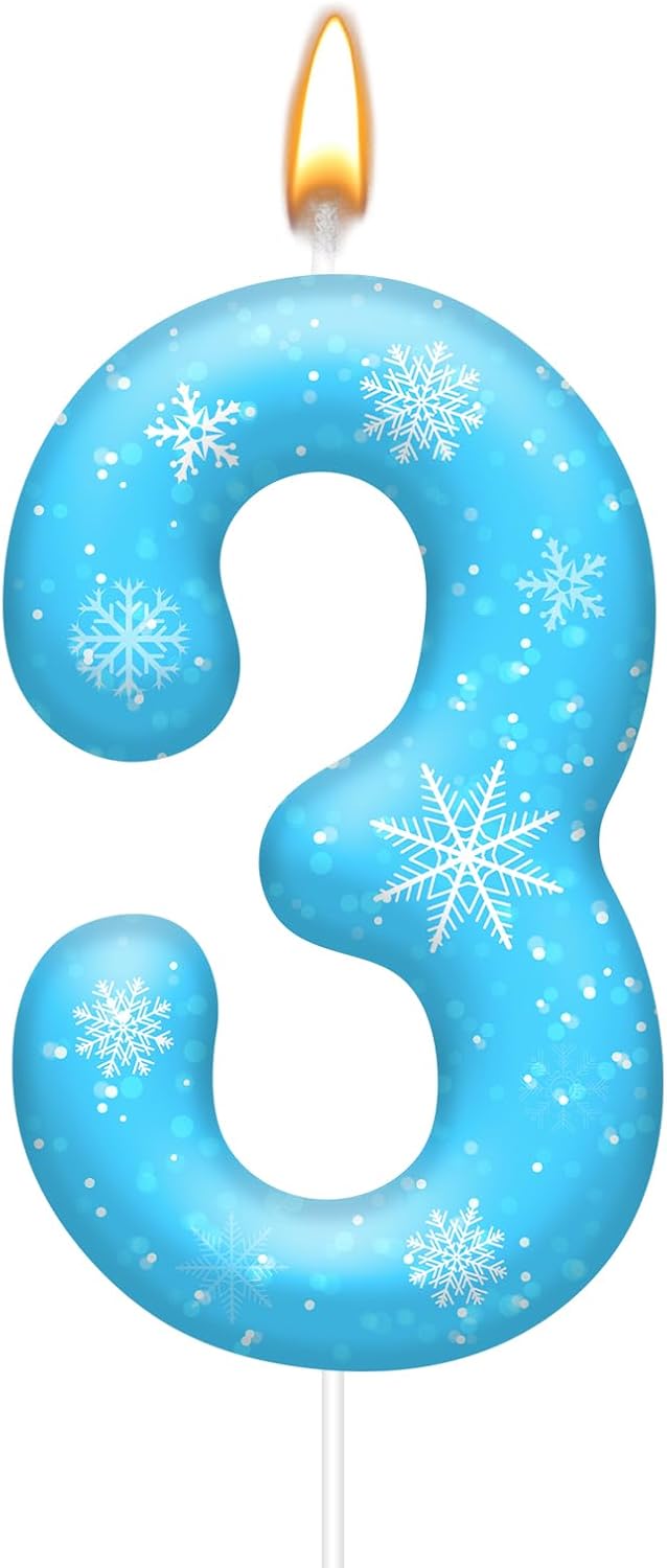 White and Blue Frozen Themed Party Birthday Candles - Blue Number Candles Snowflake Themed Party Decorations, Girls Party Supplies(Number 3)