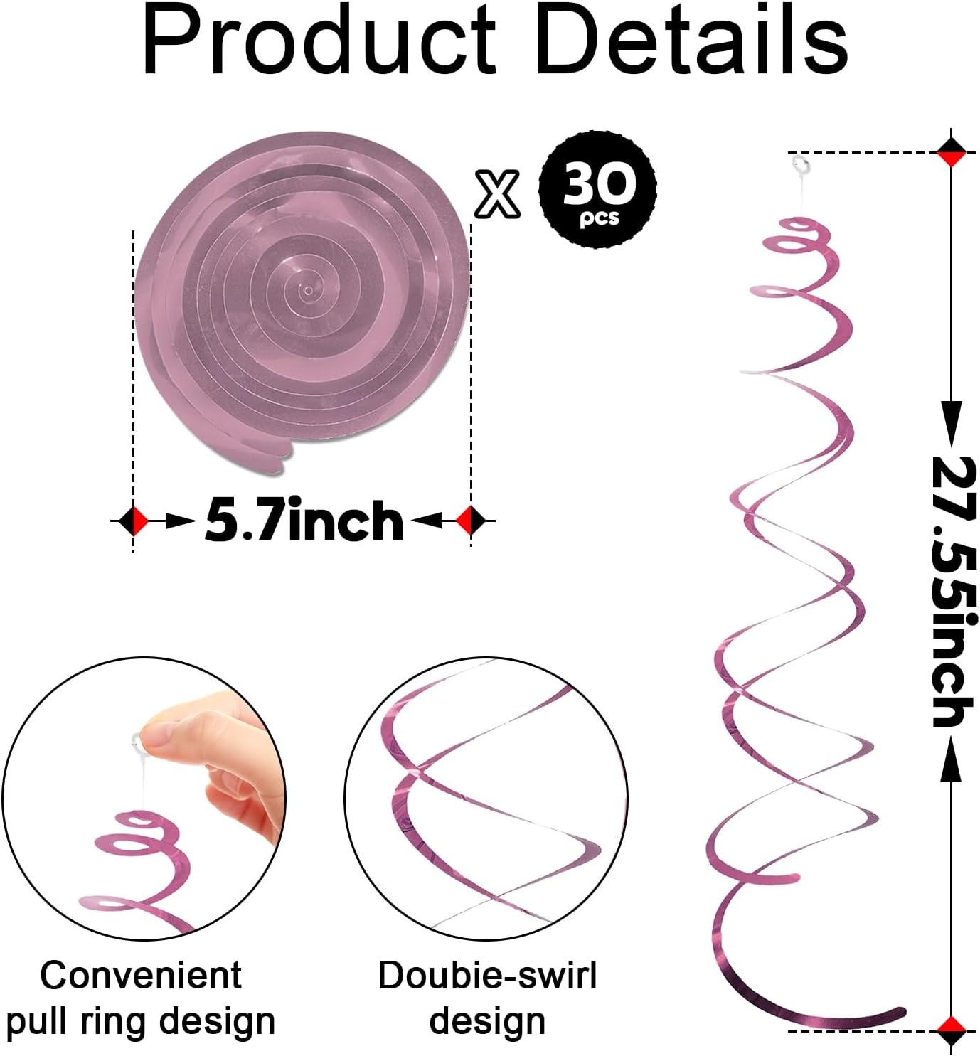 30 Pcs Pink Hanging Swirl Party Decorations,Sparkle Pink Birthday Ceiling Decorations,Streamers for Wedding Party Anniversary Graduation Christmas (Pink)